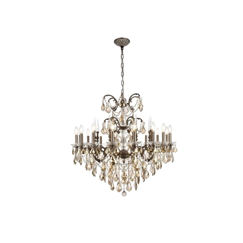 Fleur Illumination Collection Chandelier D:35in H:33in Lt:16 Pewter Finish (Pewter/royal cut crystals (golden teak)) - Chandeliers For Bedrooms by Overstock.com