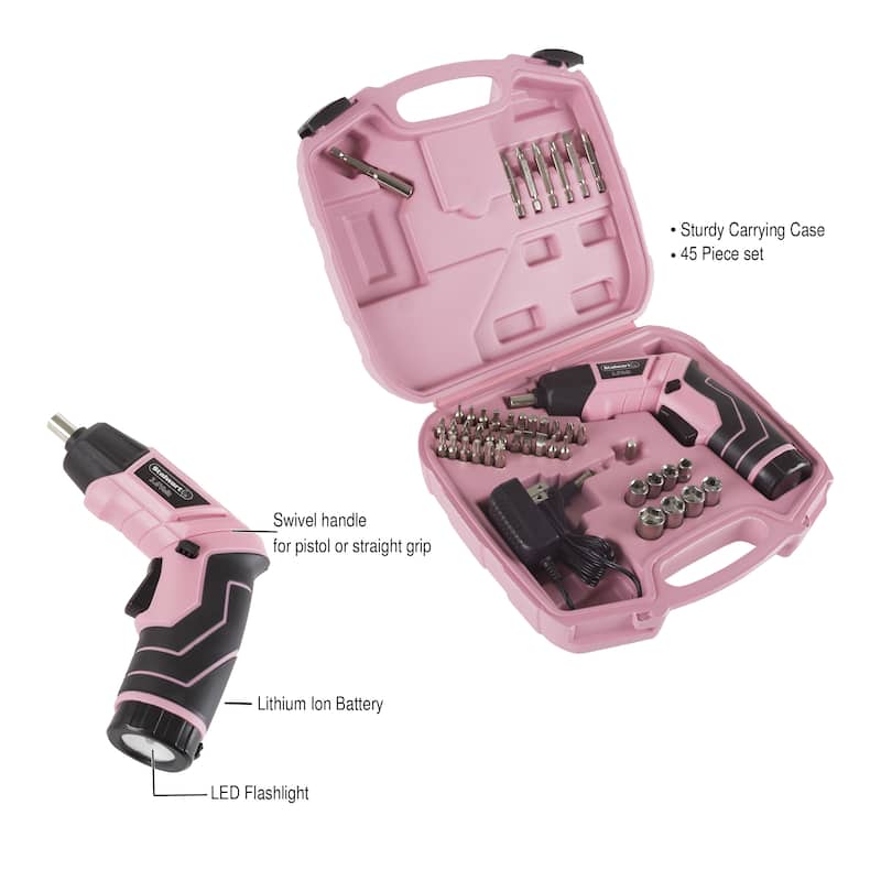Pivoting Screwdriver 45 Pc. Set-Pivoting Cordless Power Tool with Rechargeable 3.6V Lithium Battery by Stalwart