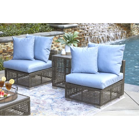 Handy Living Aldrich Outdoor Gray Open Weave Rattan Armless Chair with Sunbelievable Sky Blue Cushions