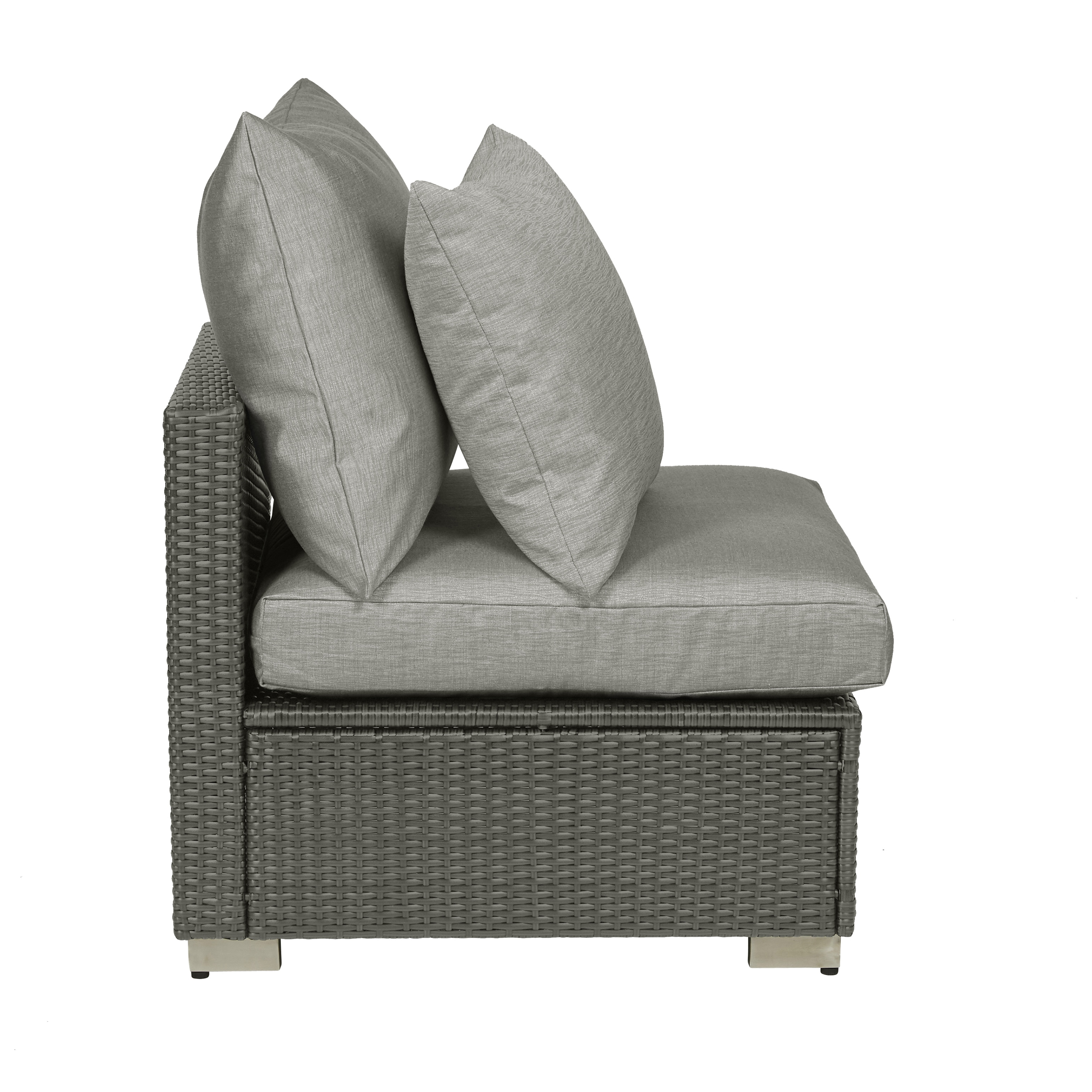 Outdoor grey rattan armless chair with taupe cushions.