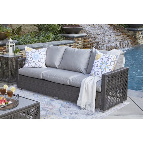Handy Living Aldrich Outdoor Gray Open Weave Rattan Sofa with Sunbelievable Taupe Outdoor Fabric Cushions