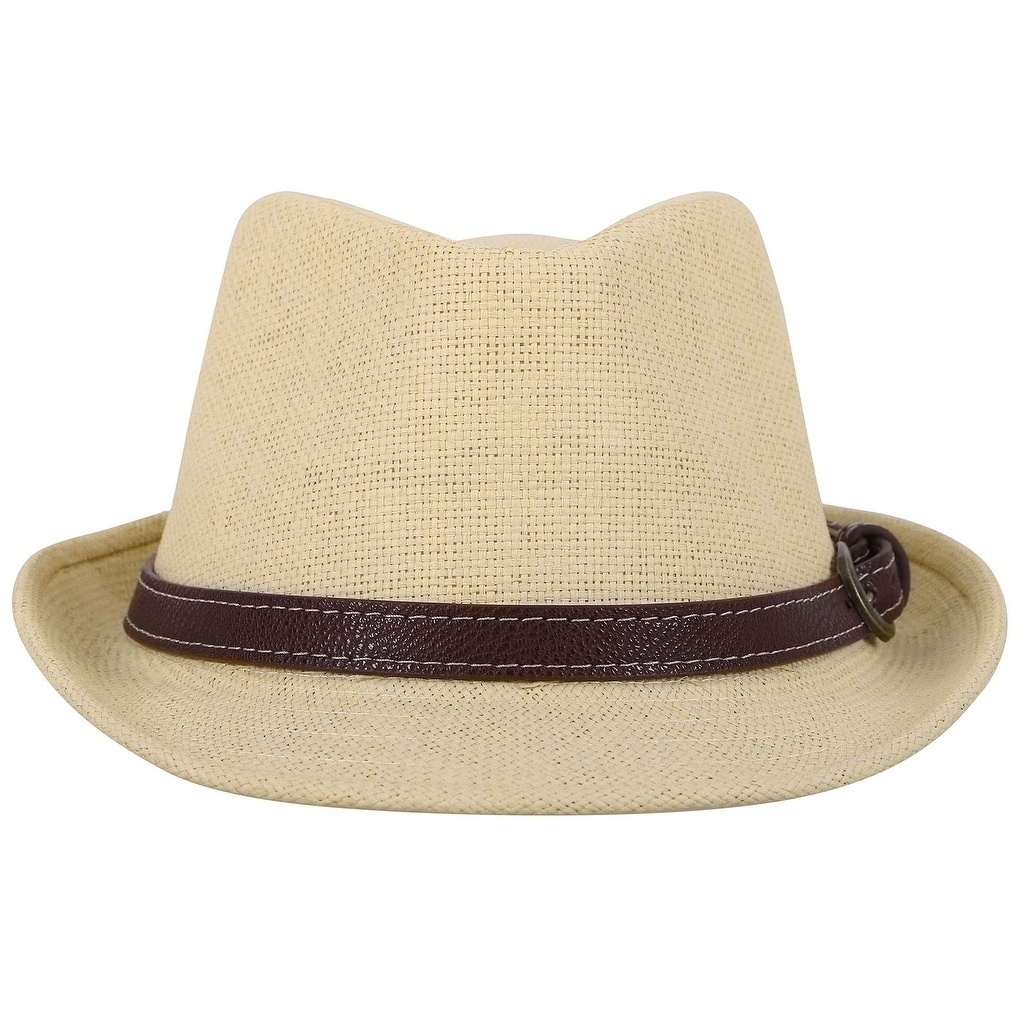 Kids Fedora Straw Sun Beach Fedora Hat-Short Brim with PU Leather//Band Accent