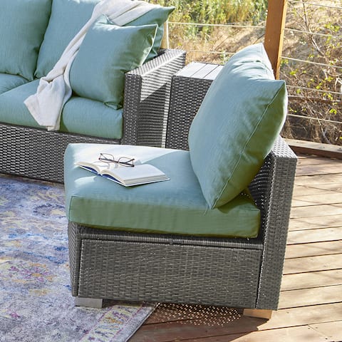 Handy Living Aldrich Outdoor Smoke Grey Woven Rattan Armless Chair with Sunbelievable Teal Blue Cushions