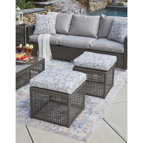 Handy Living Aldrich Grey Open Weave Outdoor 2pc Ottoman Set with Grey Floral Cushions