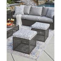 Handy Living Aldrich Grey Open Weave Outdoor 2pc Ottoman Set with Grey Floral Cushions
