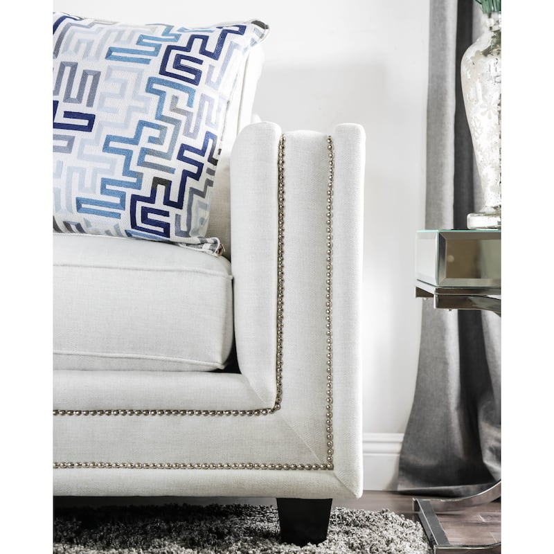 Tigg Contemporary White Chenille Nailhead Upholstered Sofa by Furniture of America