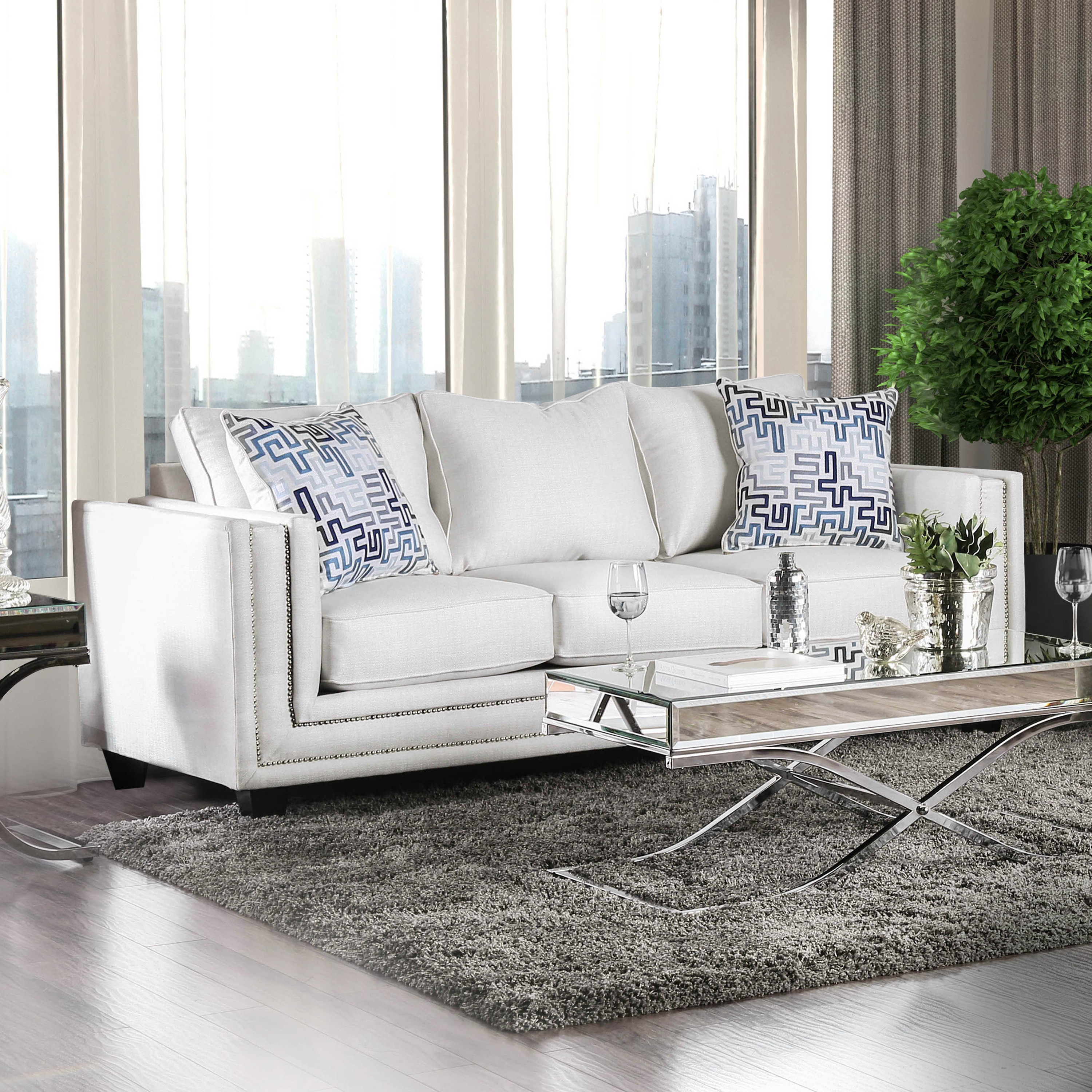 Furniture of America Tigg Contemporary White Chenille Nailhead Upholstered Sofa