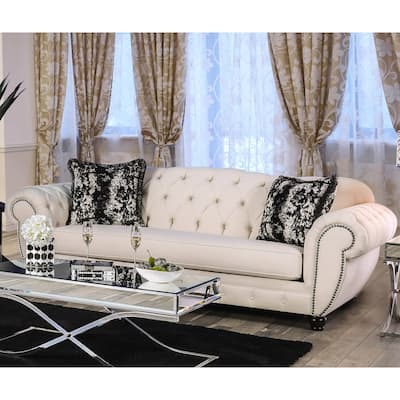 Cury Glam Beige Fabric Upholstered Tufted Nailhead Trim Sofa by Furniture of America