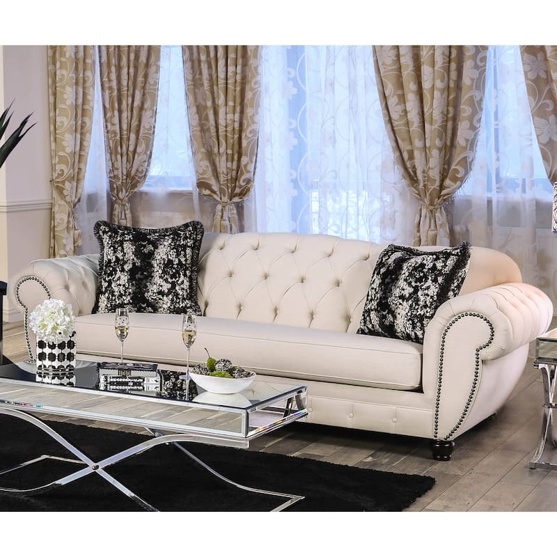 Cury Glam Beige Fabric Upholstered Tufted Nailhead Trim Sofa by Furniture of America