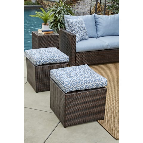 Handy Living Aldrich Brown Rattan and Aluminum Outdoor 2pc Ottoman Set with Blue Geometric Cushions