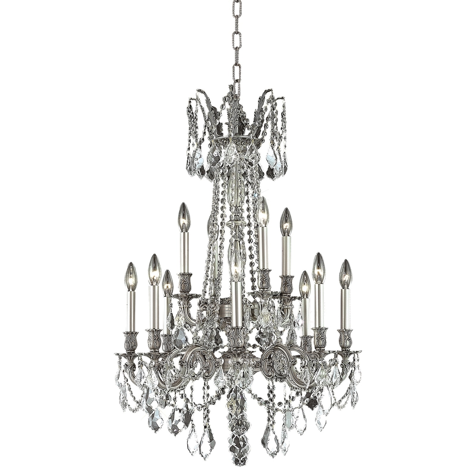 Fleur Illumination 12 light Pewter Chandelier (Pewter/swarovski elements crystals (golden teak)) - Chandeliers For Bedrooms by Overstock.com