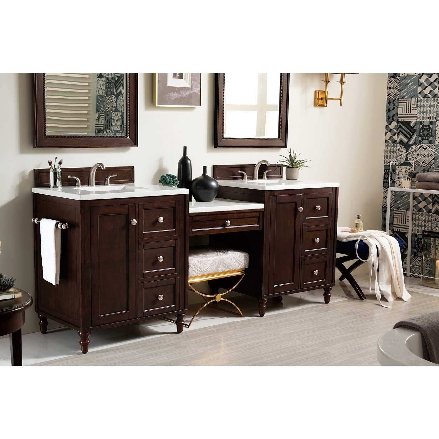 James Martin Copper Cove Encore 86 Double Vanity Set Silver Gray with Makeup Table 3 cm Arctic Fall Solid Surface Top