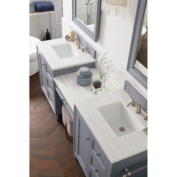 Copper Cove Encore 86 Double Vanity Set Silver Gray With Makeup Table 3 Cm Arctic Fall Solid Surface Top Overstock 20675664