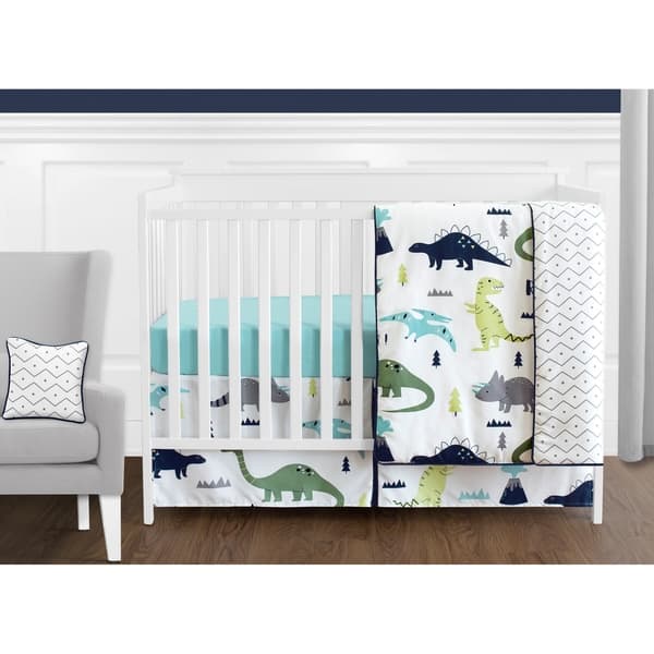 slide 2 of 5, Sweet Jojo Designs Blue and Green Mod Dino Modern Dinosaur Collection 11-piece Bumperless Crib Bedding Set