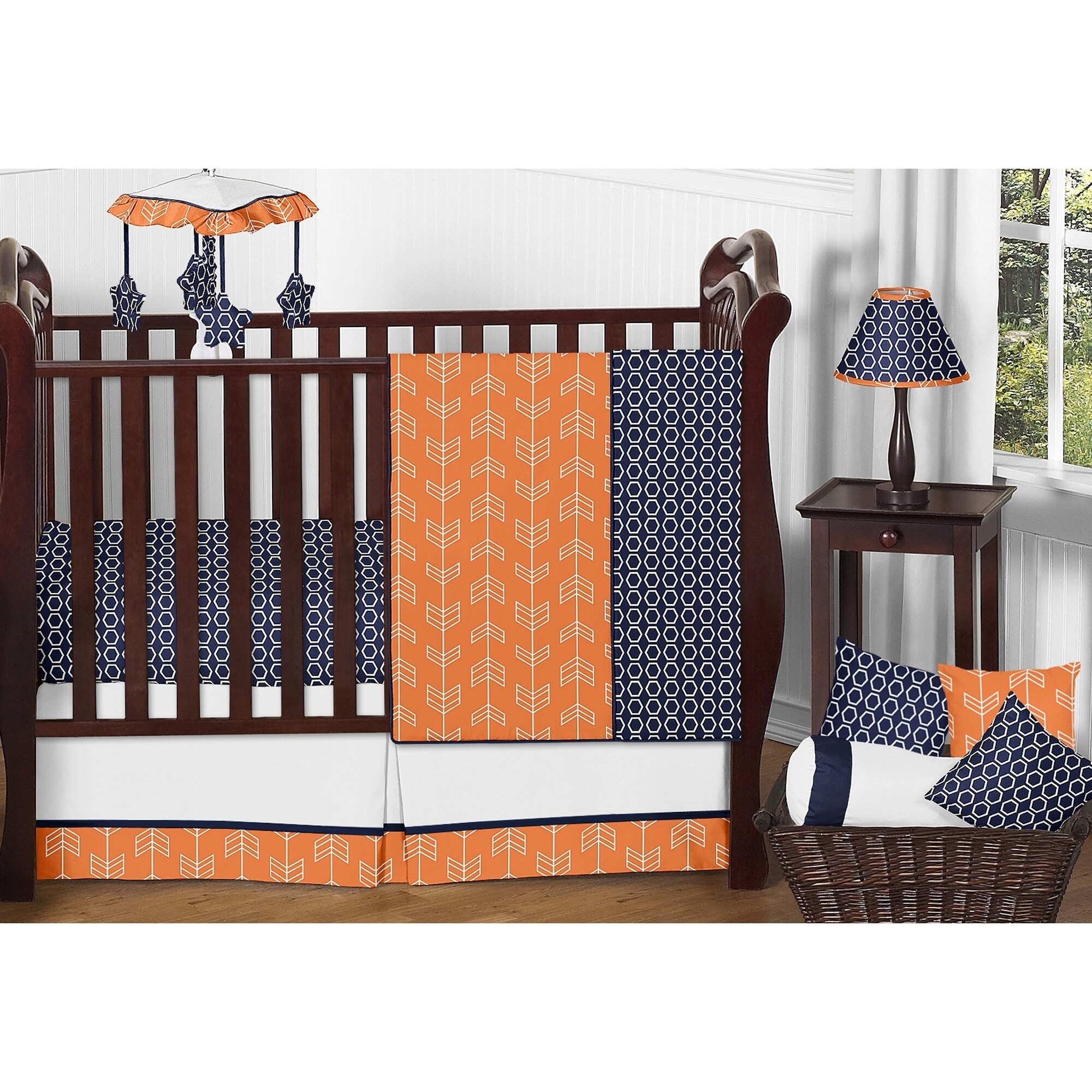 navy and orange crib bedding