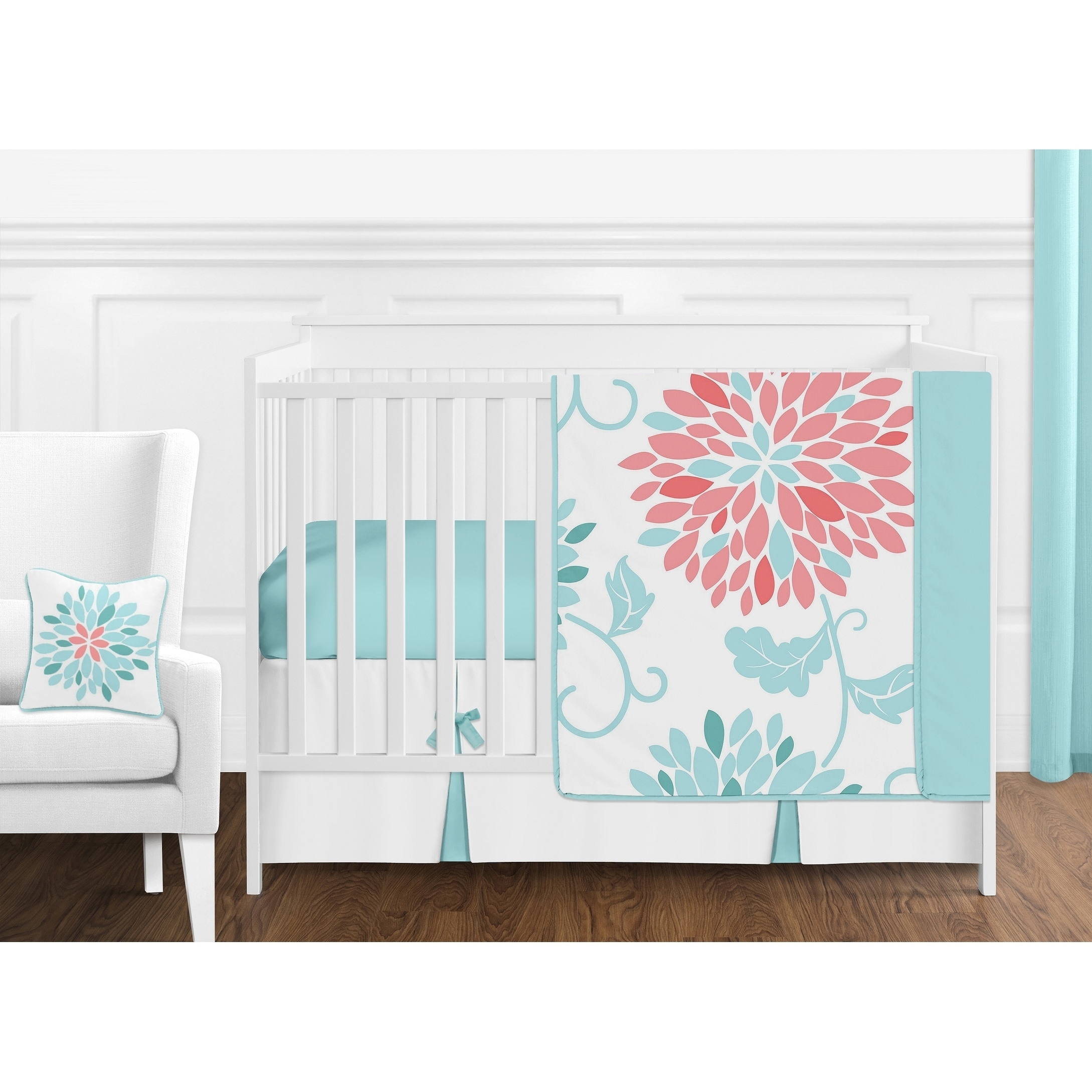 Sweet Jojo Designs Turquoise and Coral Floral Emma Collection 11 piece Bumperless Crib Bedding Set