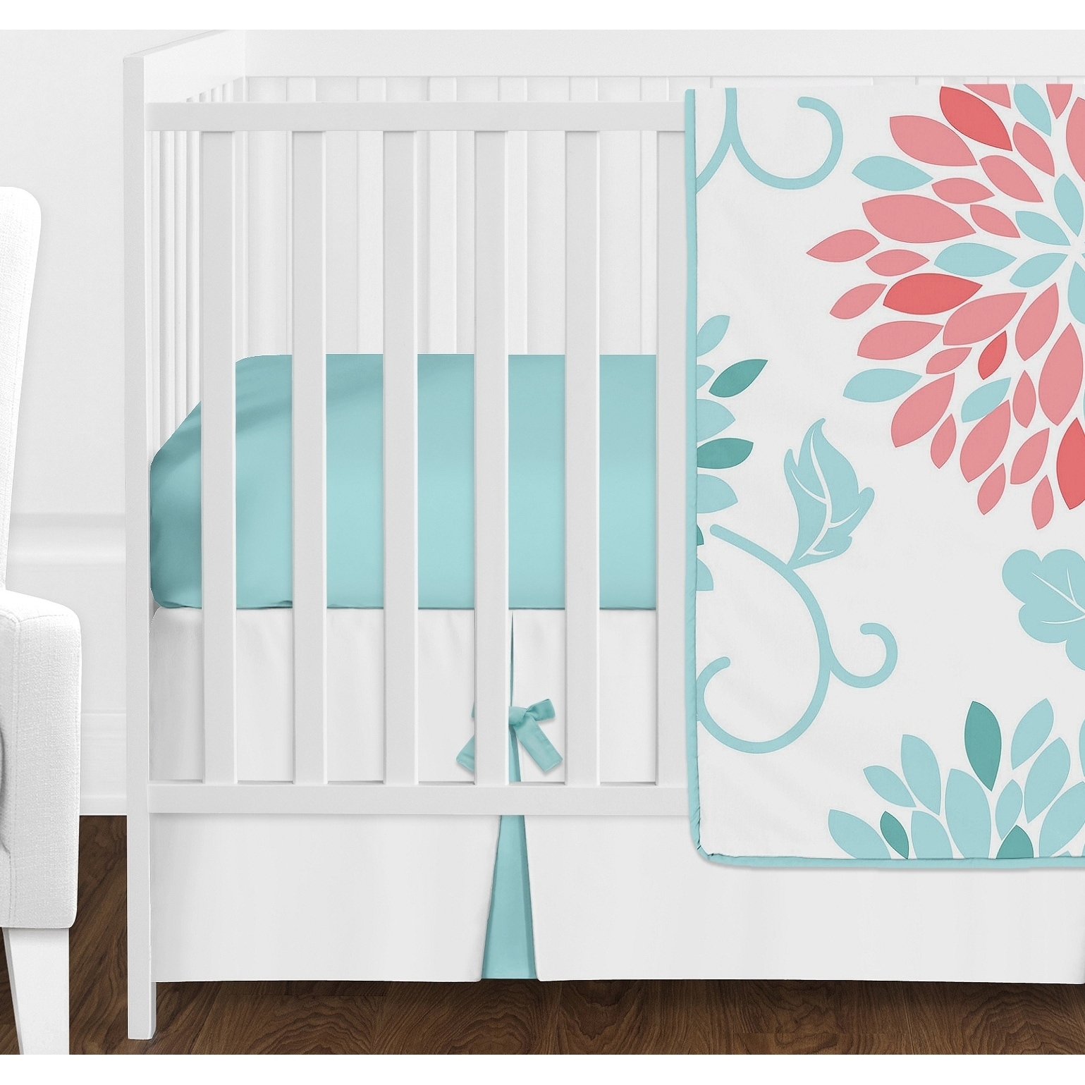 Sweet Jojo Designs Turquoise And Coral Floral Emma Collection 11 Piece Bumperless Crib Bedding Set Overstock 20676590