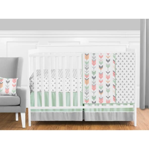 Mod Arrow Grey, Coral and Mint 4 Piece Bumperless Crib Bedding