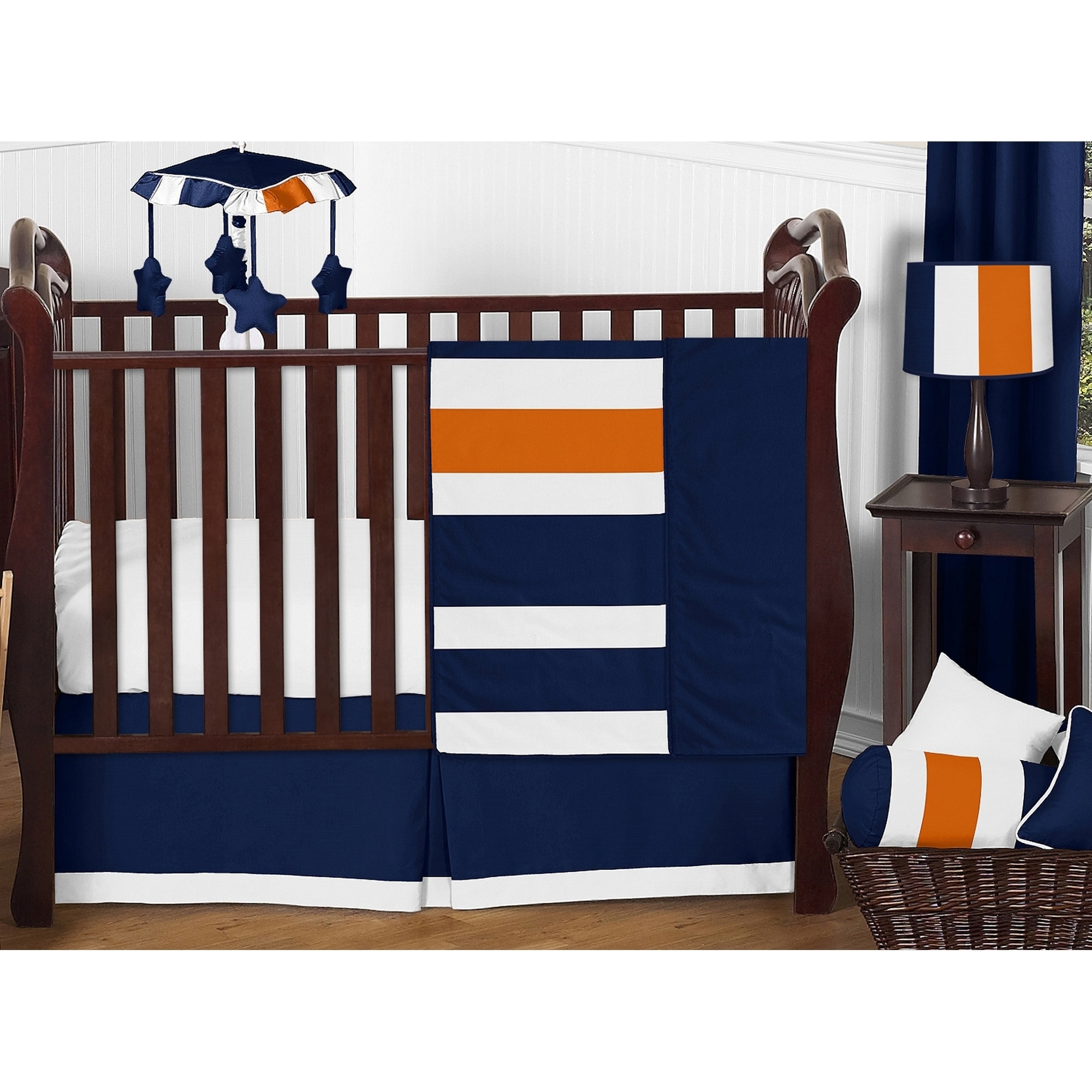 Sweet Jojo Designs Navy Blue And Orange Stripe 11 Piece Bumperless Crib Bedding Set Overstock 20676615