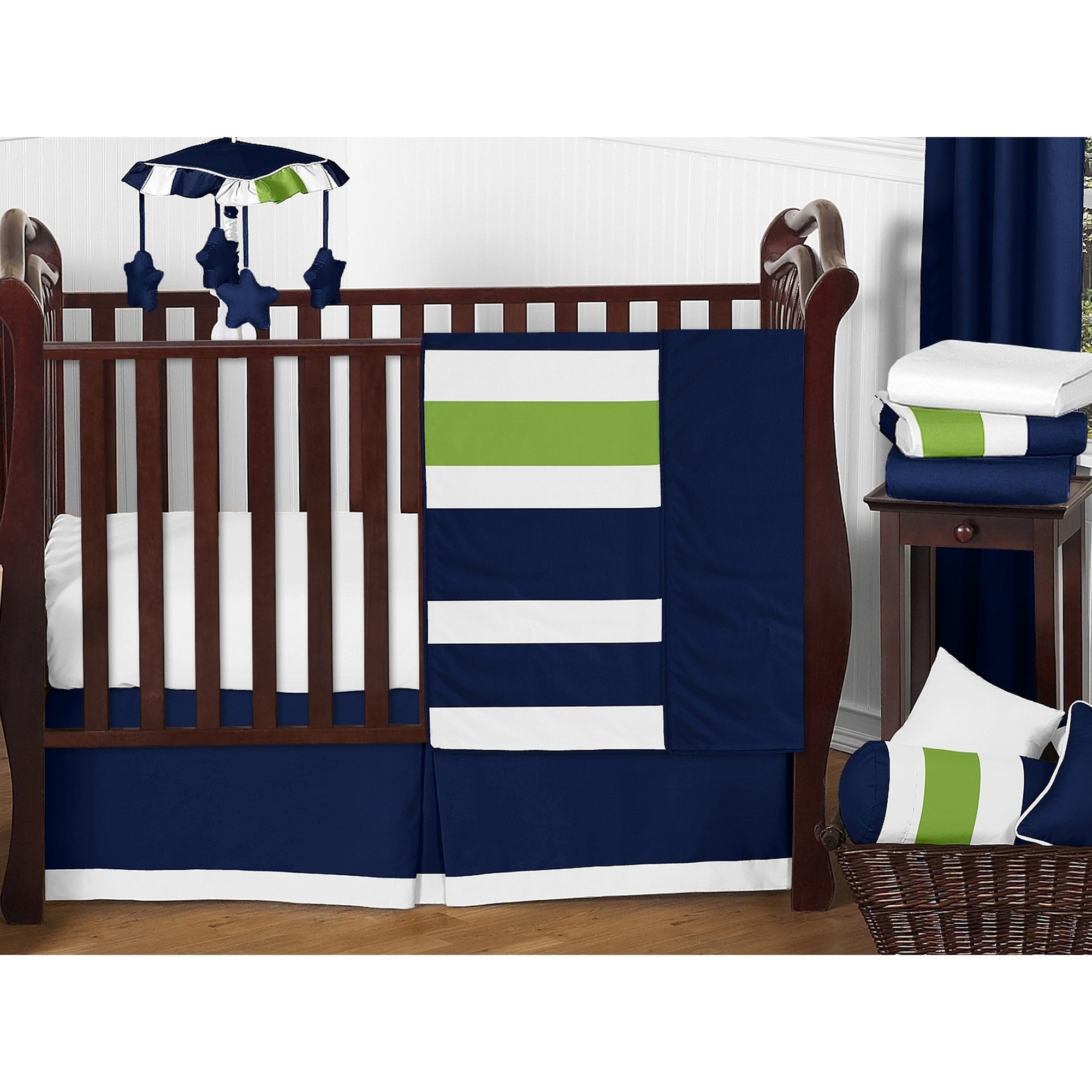 navy blue and white crib bedding