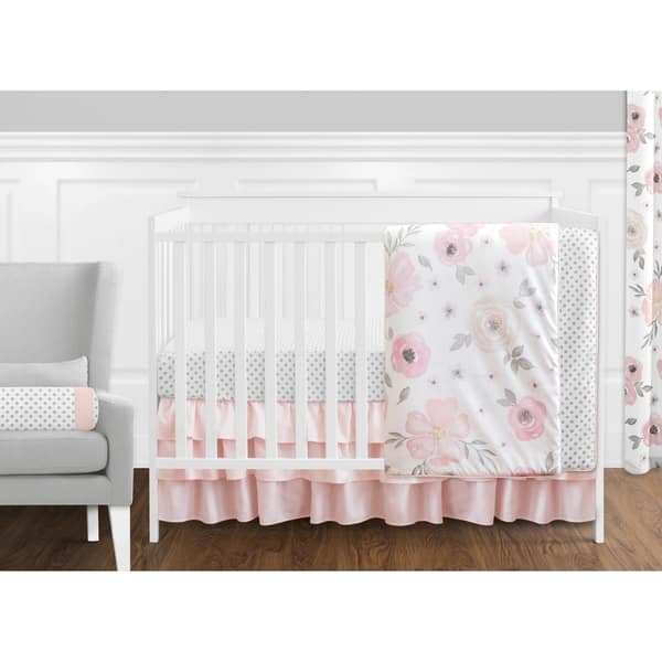 slide 2 of 5, Sweet Jojo Designs Pink, Grey & White Shabby Chic Watercolor Floral Collection Baby Girl 11-piece Bumperless Crib Bedding Set