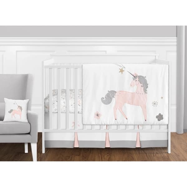 slide 2 of 5, Sweet Jojo Designs Pink, Grey and Gold Unicorn Collection Baby Girl 11-piece Bumperless Crib Bedding Set