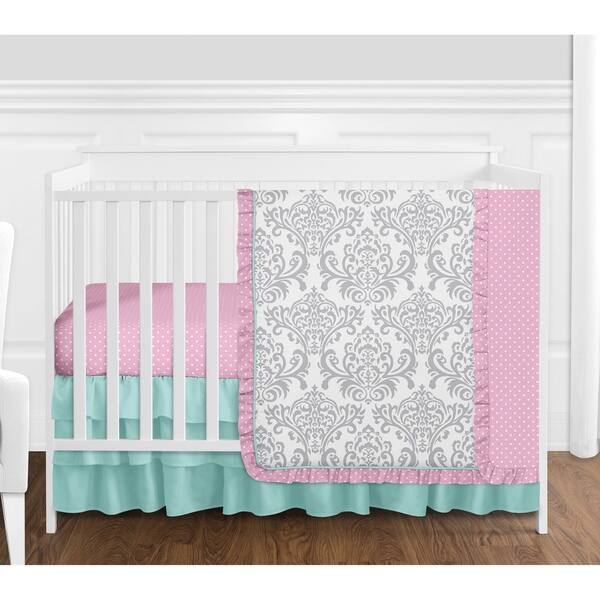 slide 2 of 5, Sweet Jojo Designs Pink and Turquiose Skylar Damask Collection 4-piece Bumperless Crib Bedding Set