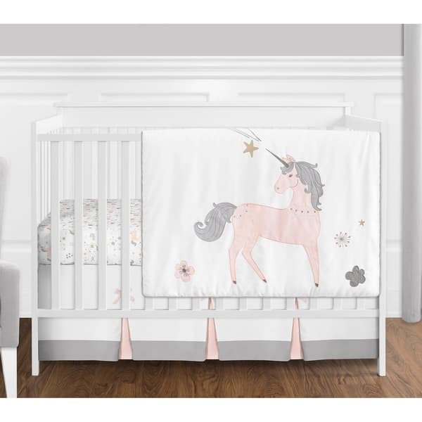 slide 2 of 2, Sweet Jojo Designs Pink, Grey and Gold Unicorn Collection Baby Girl 4-piece Bumperless Crib Bedding Set