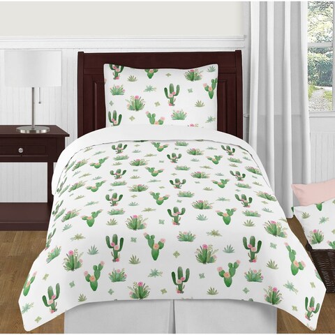 Sweet Jojo Designs Pink and Green Boho Watercolor Cactus Floral Collection Girl 4-piece Twin-size Comforter Set