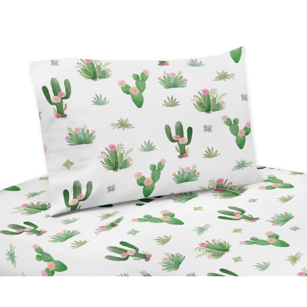 slide 1 of 1, Sweet Jojo Designs Pink and Green Boho Watercolor Cactus Floral Collection 3-piece Twin Sheet Set