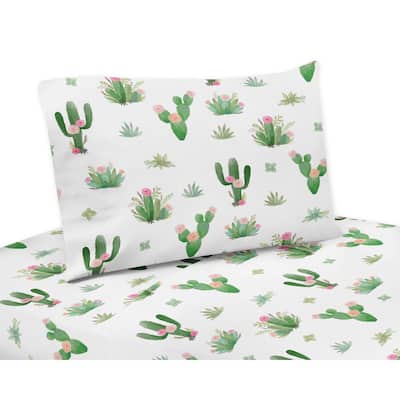 Sweet Jojo Designs Pink and Green Boho Watercolor Cactus Floral Collection 4-piece Queen Bed Sheet Set