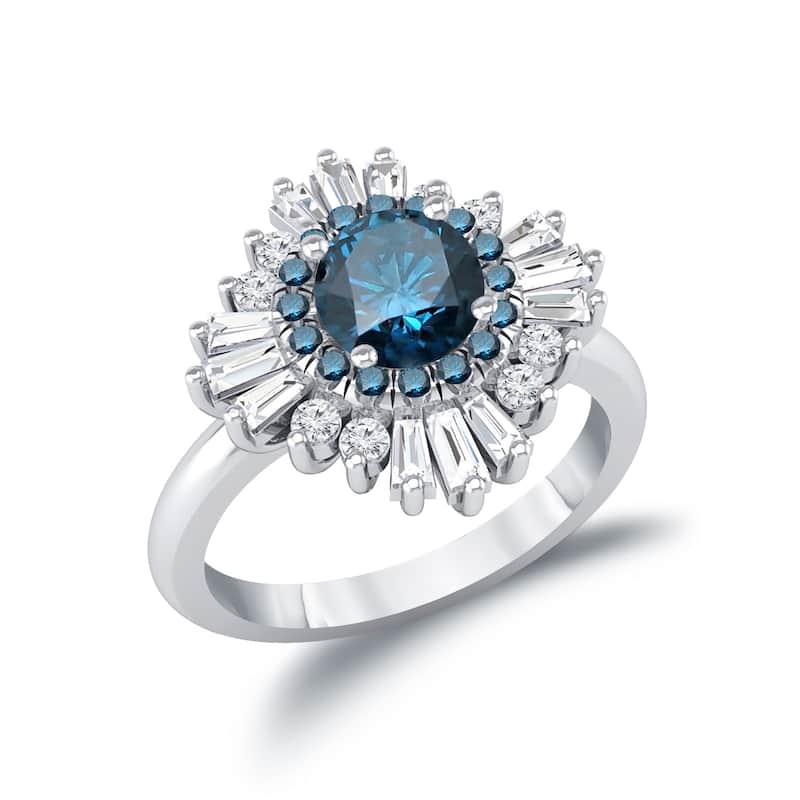 Auriya Vintage Ballerina 1 3/4ctw Baguette Halo Blue Diamond Engagement Ring 14k Gold
