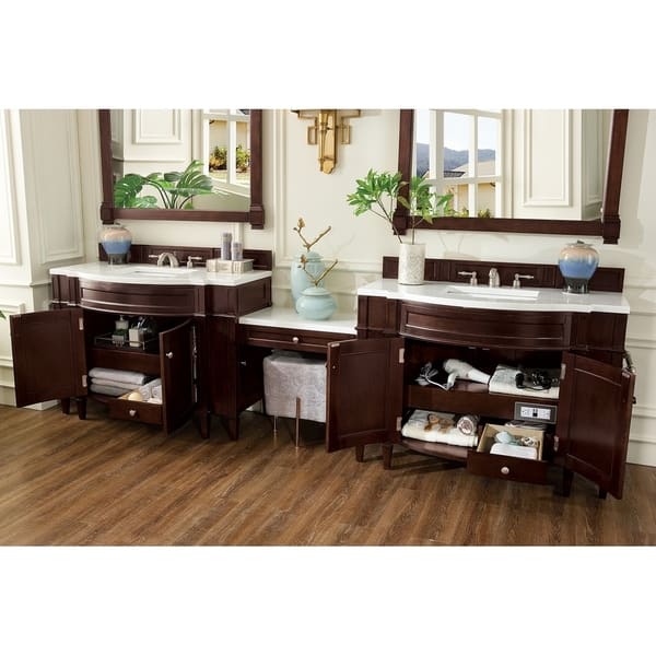 Shop Brittany 118 Double Vanity Set Burnished Mahogany With Makeup Table 3 Cm Carrara Marble Top Overstock 20677160