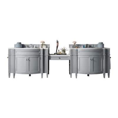 Brittany 118" Double Vanity Set, Urban Gray with Makeup Table, 3 CM Arctic Fall Solid Surface Top