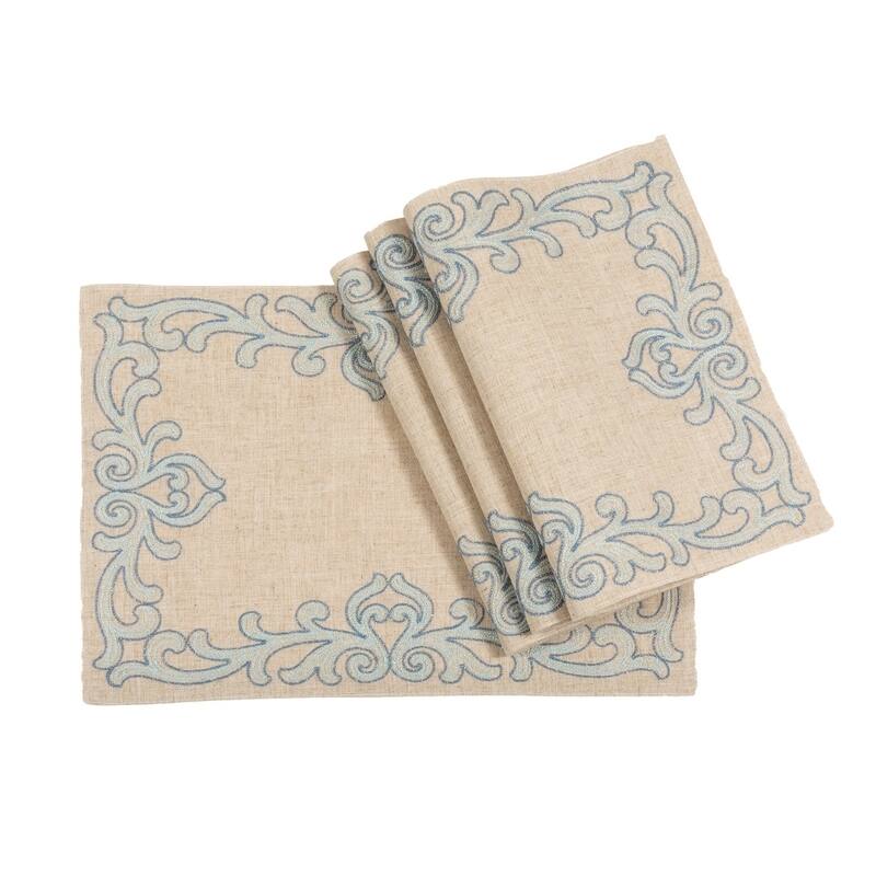 Celeste Glistening Embroidered Placemats, 14 by 20-Inch, Set of 4, Natural