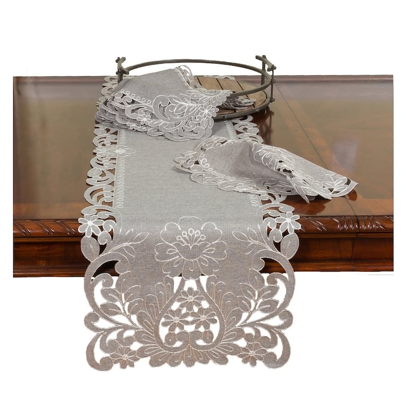 Claire Floral Embroidered Cutwork Placemats, 14 by 20-Inch, Set of 4, Grey
