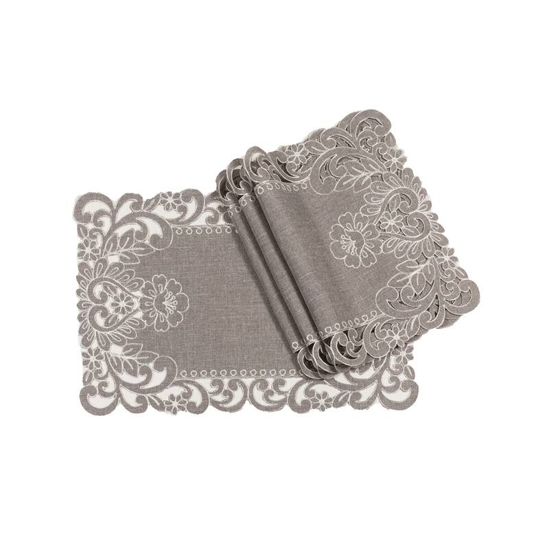 Claire Floral Embroidered Cutwork Placemats, 14 by 20-Inch, Set of 4, Grey