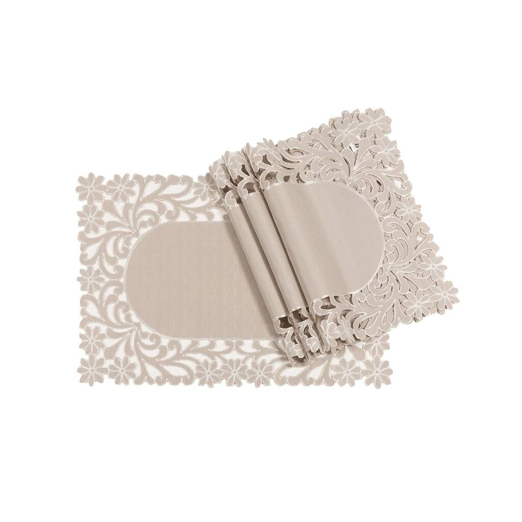 Florence Floral Cutwork Trimed Edge Placemats, 14 by 20-Inch, Set of 4, Taupe