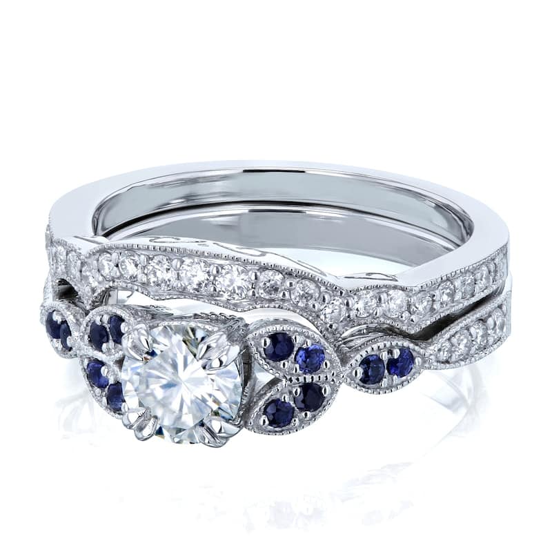 Annello by Kobelli 14k White Gold 7/8ct TGW Floral Round Moissanite Floral Bridal Set with Diamond and Sapphire