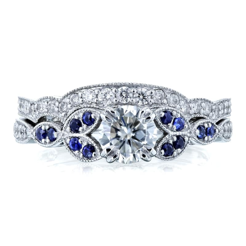 Annello by Kobelli 14k White Gold 7/8ct TGW Floral Round Moissanite Floral Bridal Set with Diamond and Sapphire