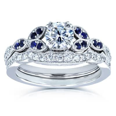 Annello by Kobelli 14k White Gold 7/8ct TGW Floral Round Moissanite Bridal Set with Diamond and Sapphire (DEF/VS, GH/I, Blue)