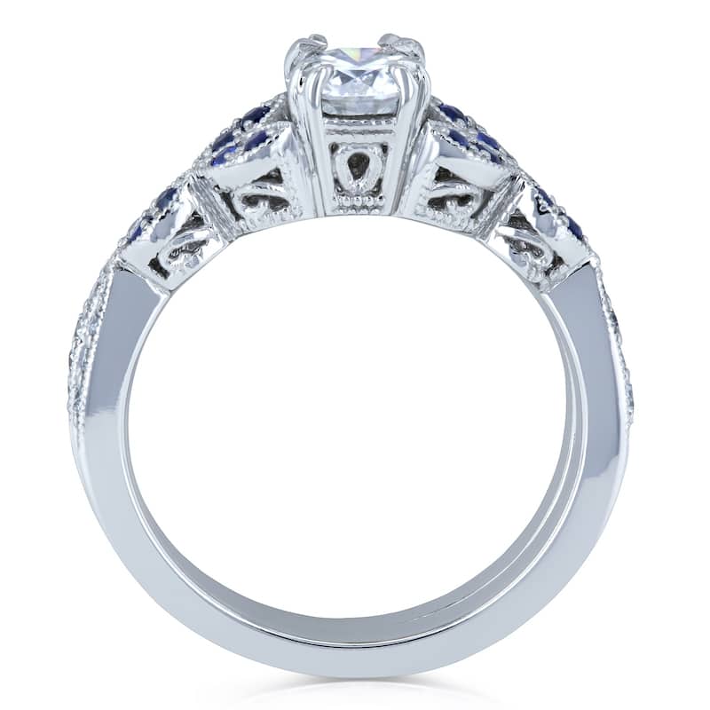 Annello by Kobelli 14k White Gold 7/8ct TGW Floral Round Moissanite Bridal Set with Diamond and Sapphire (DEF/VS, GH/I, Blue)