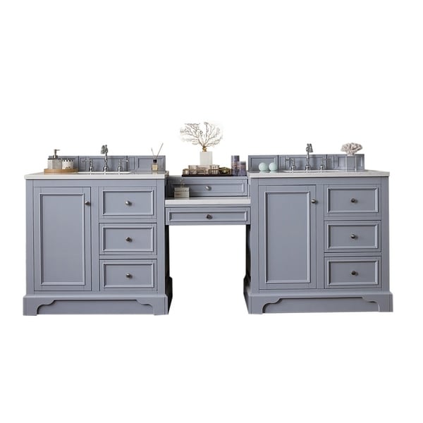 De Soto 94" Double Vanity Set, Silver Gray with Makeup Table, 3 CM Carrara Marble Top