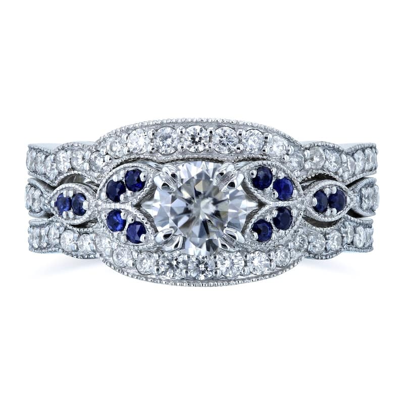 Kobelli 1 Carat Mixed Stone 14k Solid White Gold Floral Vintage Style Iris 3pc Bridal Set