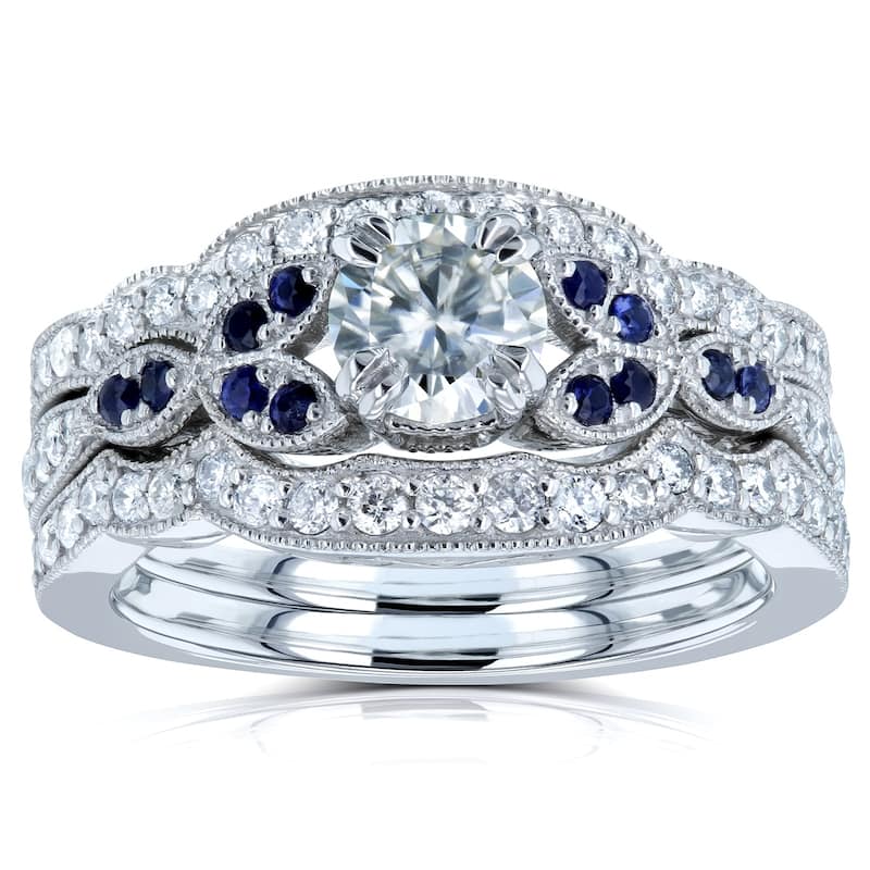 Kobelli 1 Carat Mixed Stone 14k Solid White Gold Floral Vintage Style Iris 3pc Bridal Set
