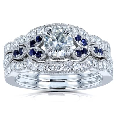 Kobelli 1 Carat Mixed Stone 14k Solid White Gold Floral Vintage Style Iris 3pc Bridal Set