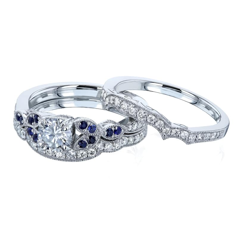 Kobelli 1 Carat Mixed Stone 14k Solid White Gold Floral Vintage Style Iris 3pc Bridal Set