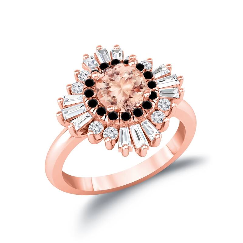 Auriya 14k Rose Gold Vintage Ballerina 1ct Morganite and 1ct Baguette Halo Black Diamond Engagement Ring