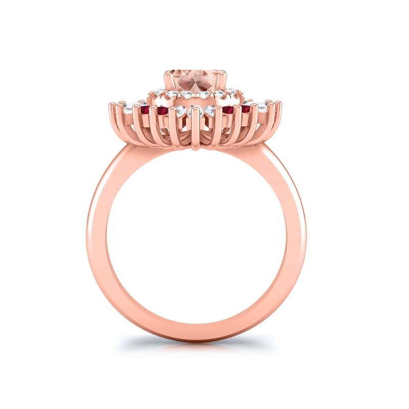 Round 1ct Morganite and 1ct Baguette Ballerina Diamond Halo Engagement Ring with Ruby Accents in 14k Rose Gold by Auriya