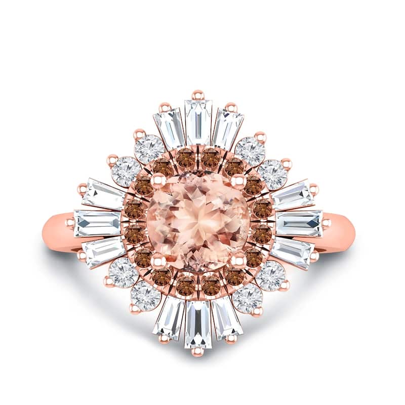 Auriya 14k Rose Gold Vintage Ballerina 1ct Morganite and 1ct Baguette Halo Diamond Engagement Ring